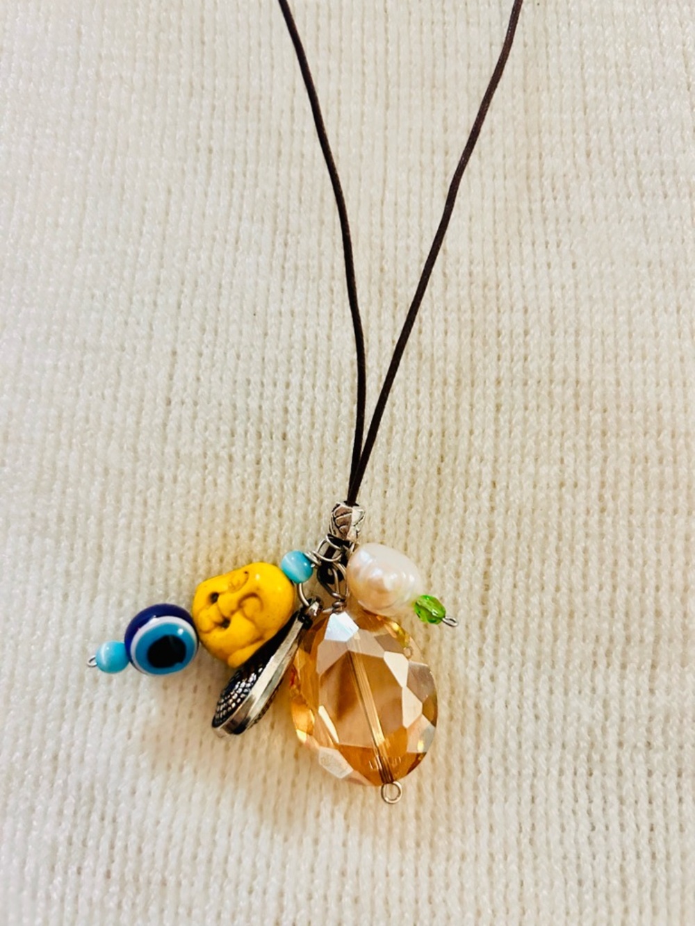 Handmade Yellow Glass Pendant Necklace on Black Cord, bust length